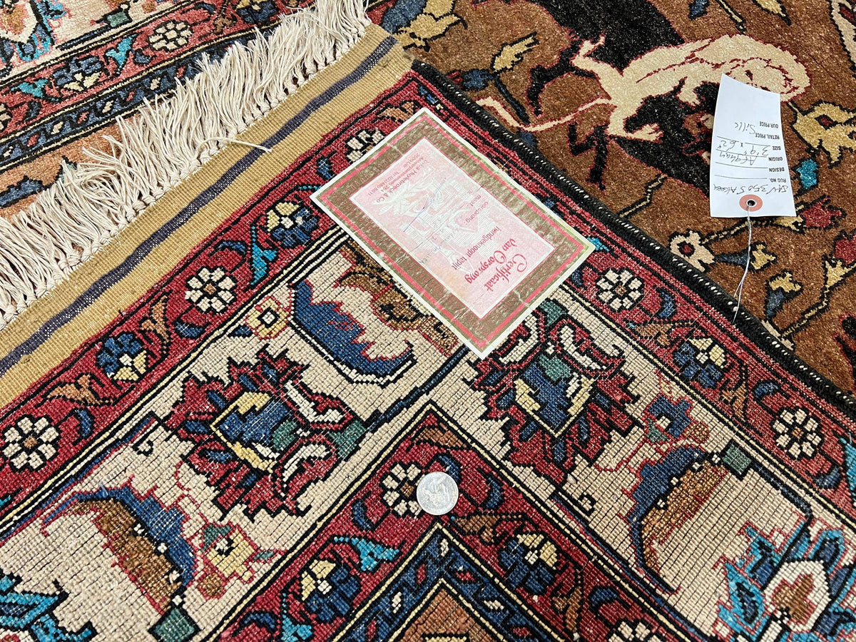 Unique Afghan Silk Rug 4x6, Hunting Pattern Animal Motifs, Light Brown and Cream, Persian Handwritten Poetry, Fine 1940s Oriental Carpet Wow - Jewel Rugs, view 11