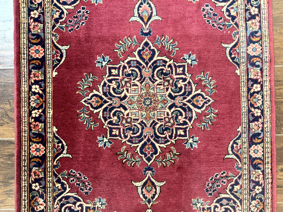 Small Persian Kashan Rug 2x3, Red and Navy Blue, Handmade Vintage Wool Semi Antique Persian Carpet, Semi Open Field, Pair B - Jewel Rugs, view 3