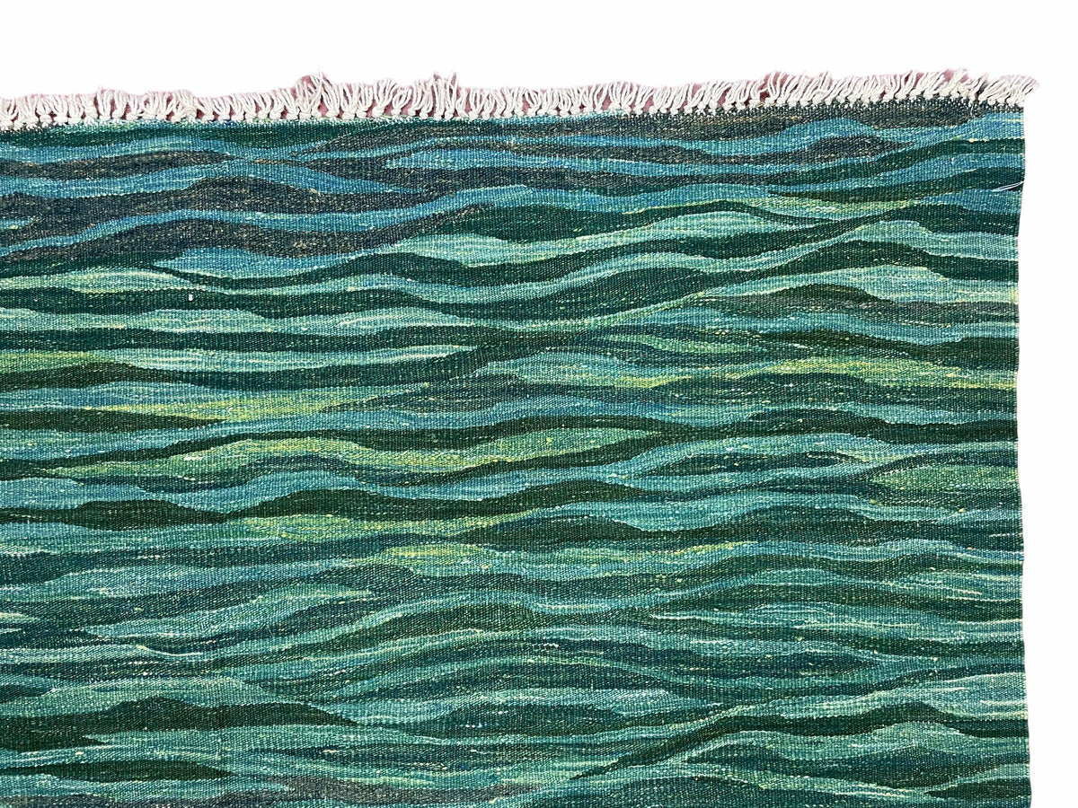 Sea Green Kilim Area Rug, White Blue Red Stripes, Russian Flag Rug, Flatweave Hand Knotted Carpet, Turkish Carpet, Wool, New, 5' 6" x 7' 10" - Jewel Rugs, view 9