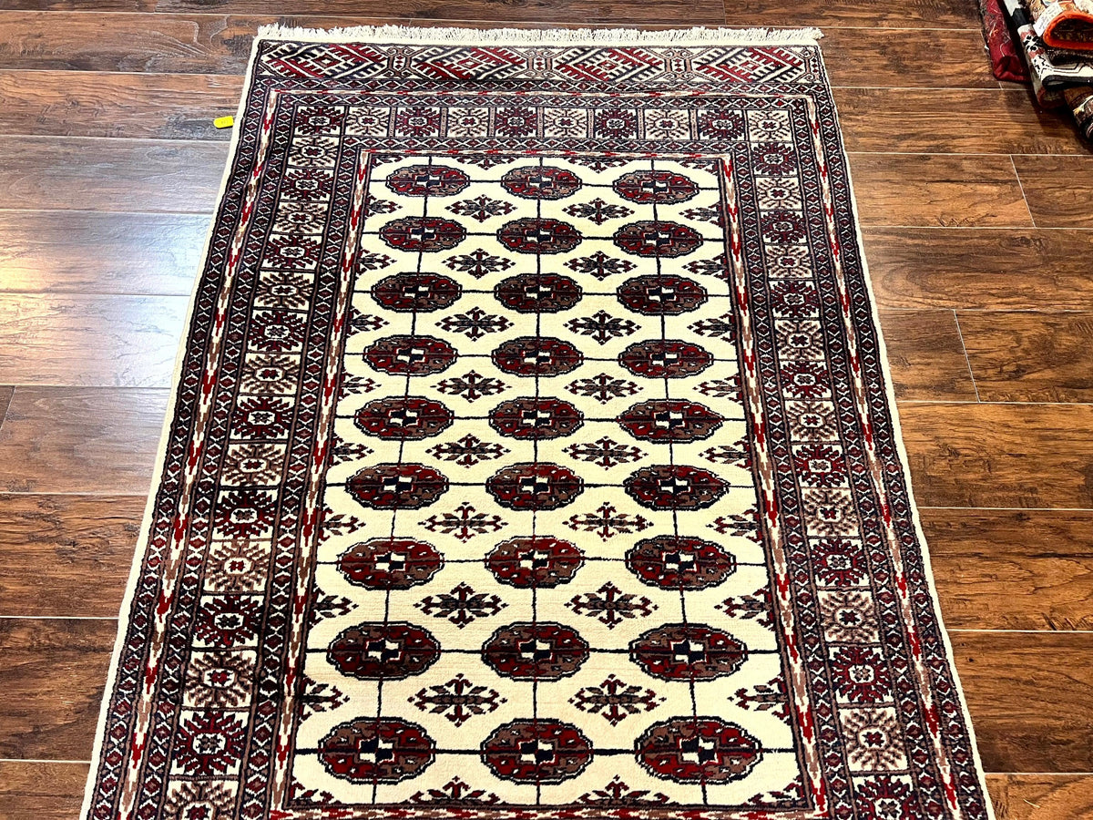 Pakistani Bokhara Rug 4x6, Turkoman Carpet, Vintage Handmade Wool Rug, Ivory - Jewel Rugs, view 3
