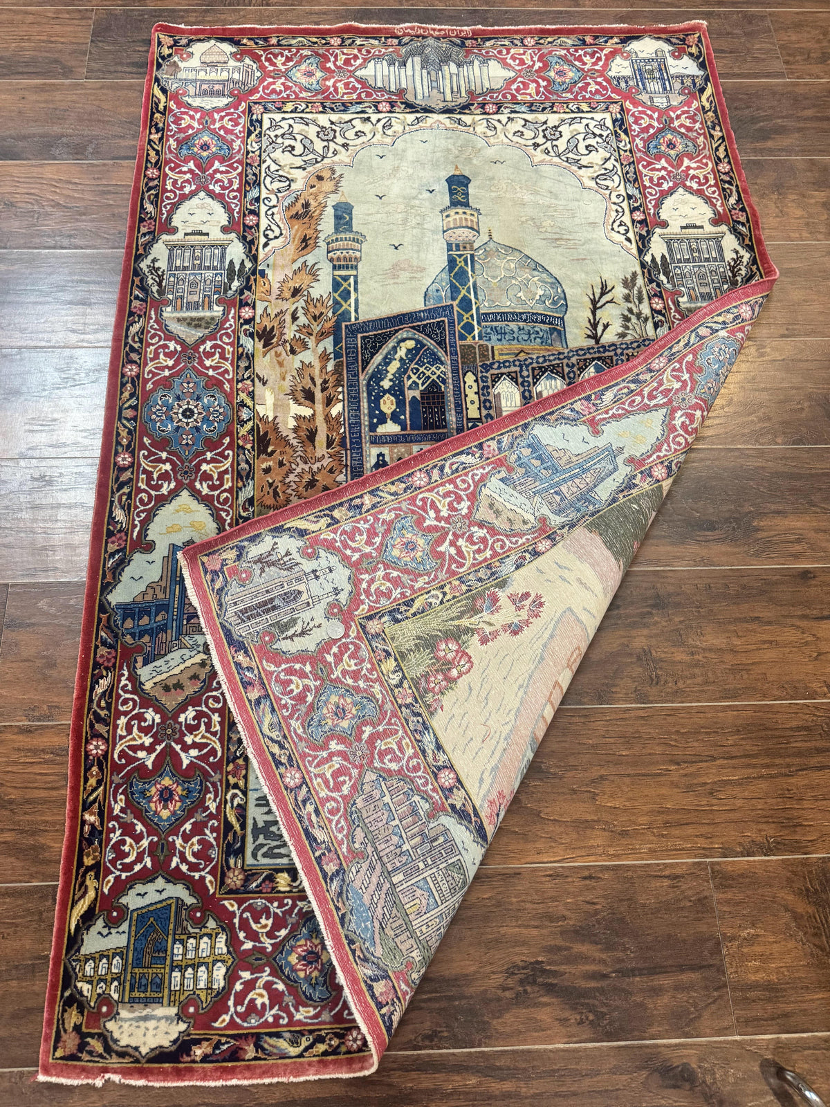 Persian Isfahan Pictorial Rug 3.6 x 5.7, Very Fine 400 KPSI, Historical Buildings, Signed By Masterweaver, Handmade - Jewel Rugs, view 12