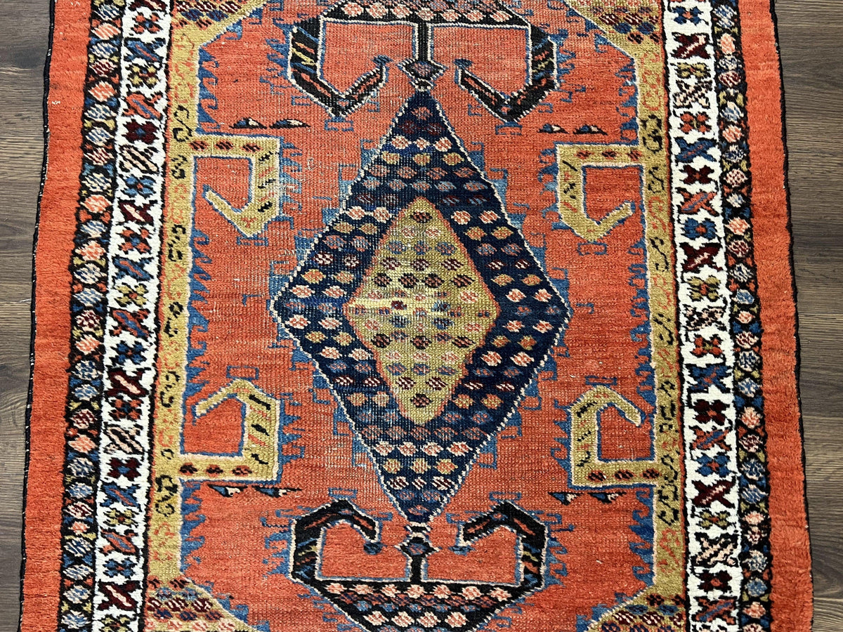 Rare Persian Tribal Runner Rug 3 x 11, Sarab Serab Persian Runner, Antique 1920s Collectible Geometric Medallions Oriental Wool Runner, Hand Knotted, Bright Orange-Red - Jewel Rugs, view 4