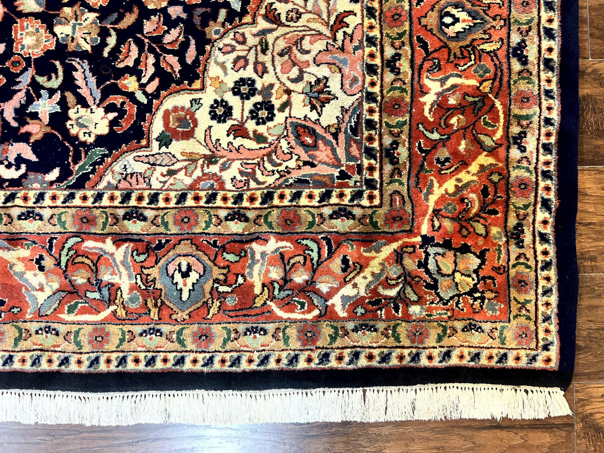Indo Persian Rug 8x10, Midnight Blue & Red, Handmade Vintage Wool Carpet, Floral Medallion - Jewel Rugs, view 10