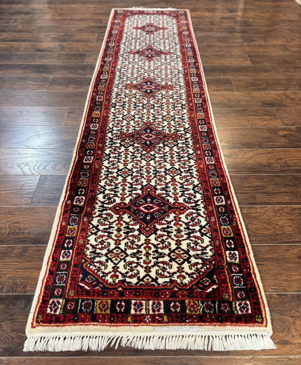 Indo Persian Bidjar Runner Rug 2.8 x 10, Vintage Rug for Hallway, 10ft Runner, Wool Handmade Ivory and Red, Medallions - Jewel Rugs, view 2