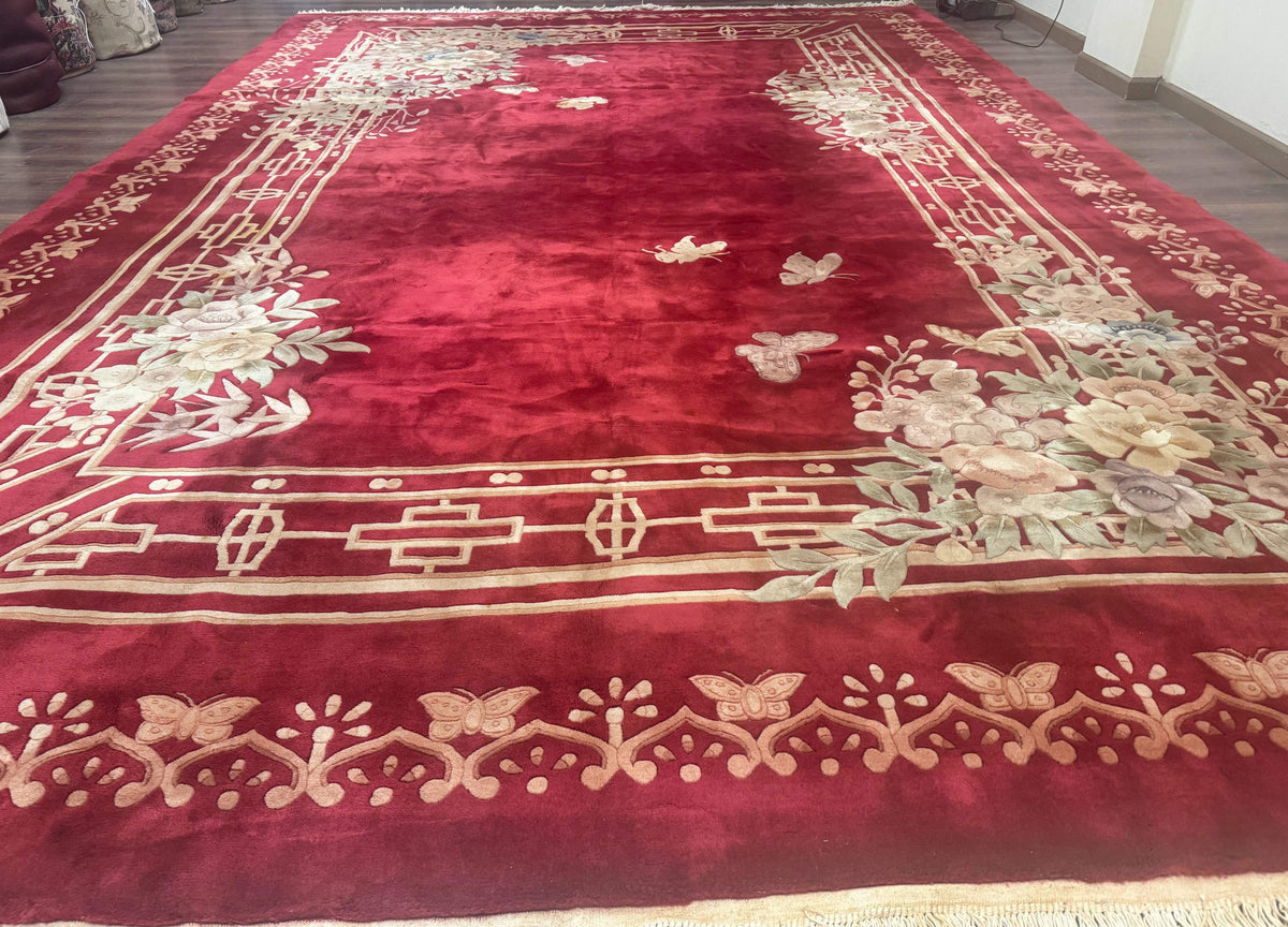 Palace Size Chinese Wool Rug 12x18, Red Art Deco Chinese Carving Carpet, Butterflies Flowers - Jewel Rugs, view 2