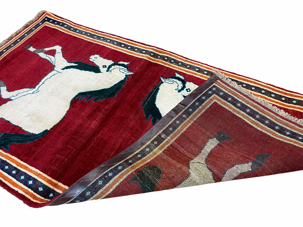 3.5 X 6 Handmade Hand-Knotted New Vintage Rug Quality Wool White Horses Red - Jewel Rugs, view 10