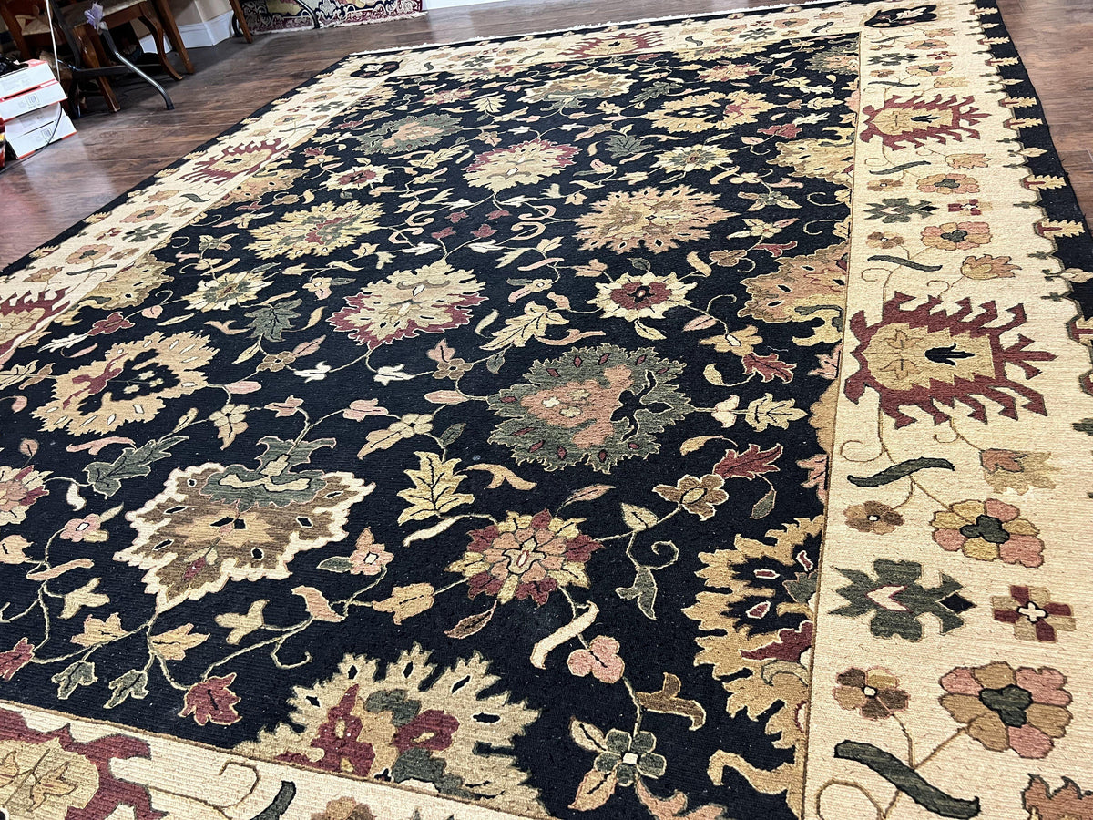 Indo Persian Rug 10x14, Wool Handmade Room Sized Floral Oriental Carpet, Indian Mahal Flatweave Rug, Black Beige - Jewel Rugs, view 3