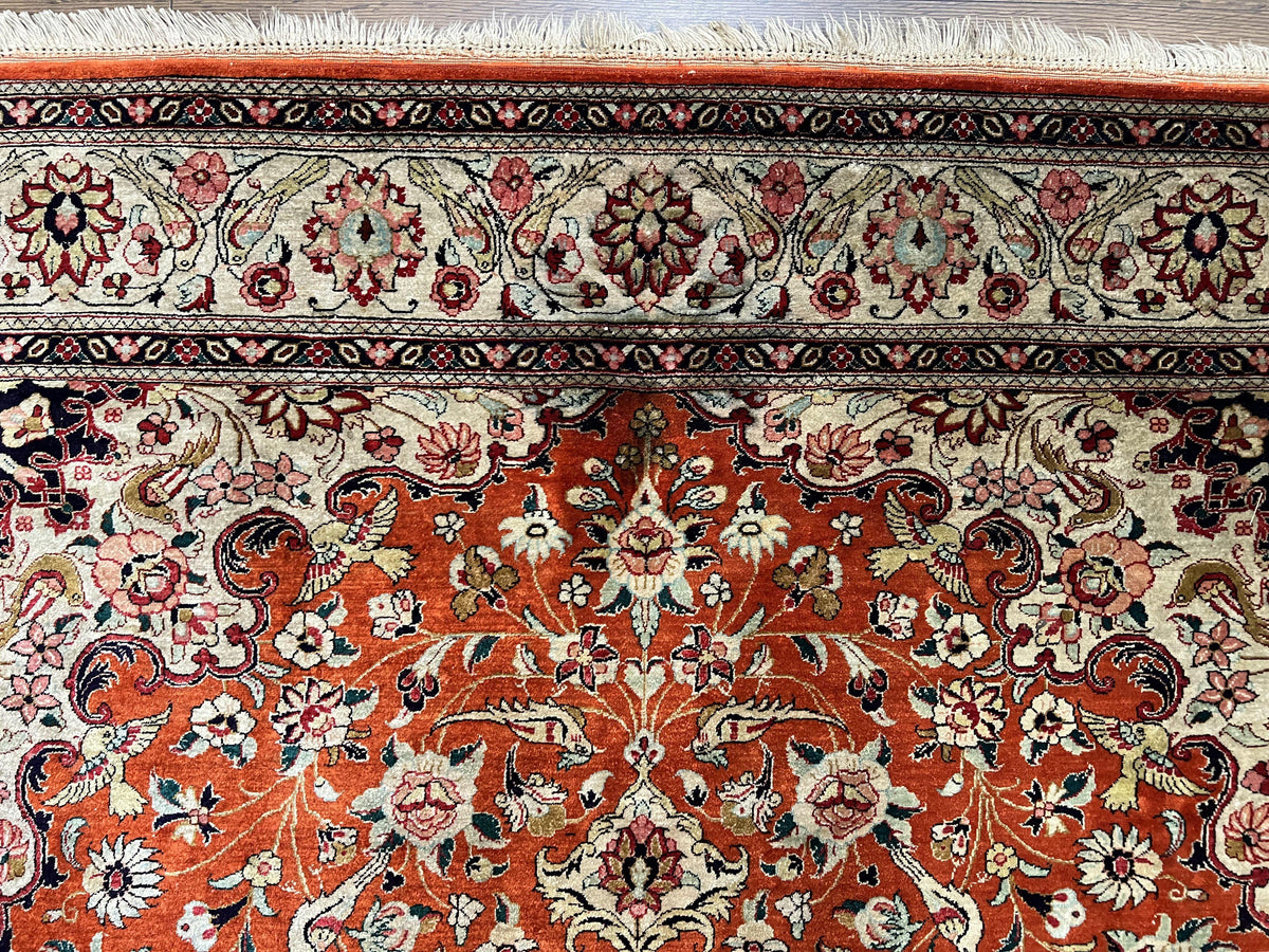 Persian Qum Silk Rug 5x7 - Floral Medallion, Birds, Orange-Red - Jewel Rugs, view 3