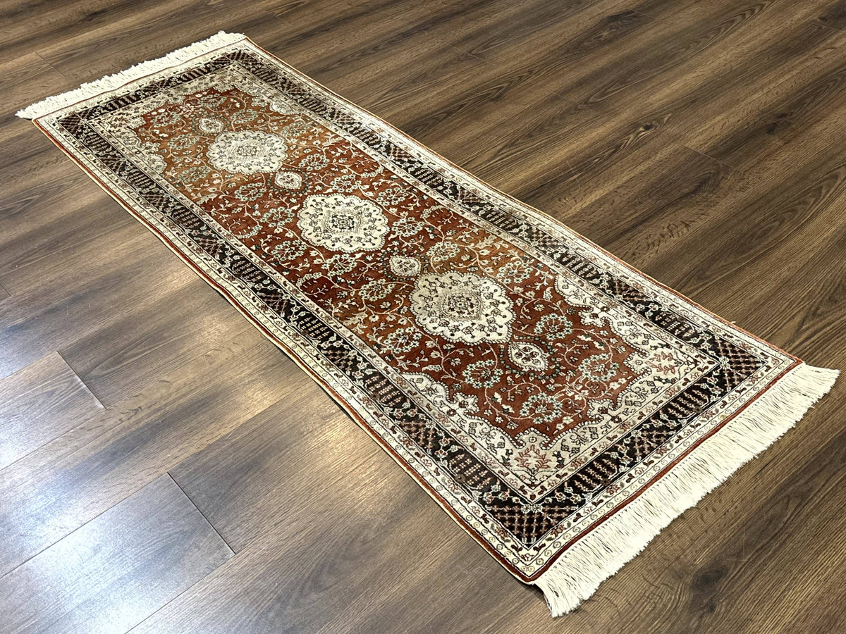Turkish Silk Narrow Runner Rug 2 x 5.8, Very Fine 340 KPSI, Floral Medallions, Red - Jewel Rugs, view 13