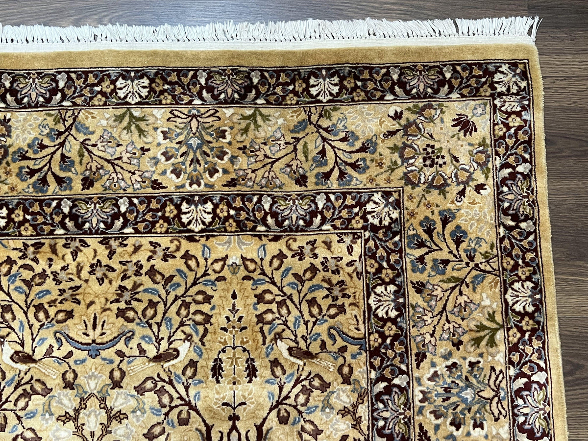 Pretty Indo Persian Rug 6x9, Allover Floral Motif with Birds, Tan/Cream, Very Fine Oriental Carpet, Hand Knotted Vintage Indian Wool Rug - Jewel Rugs, view 7