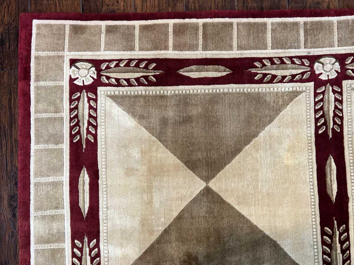 Indo Tibetan Rug 10x14, Nepali Carpet, Large Soft Wool Area Rug, Olive Tan Maroon, Contemporary Rug 10 x 14 ft Living Room Rug, Handmade Rug - Jewel Rugs, view 6
