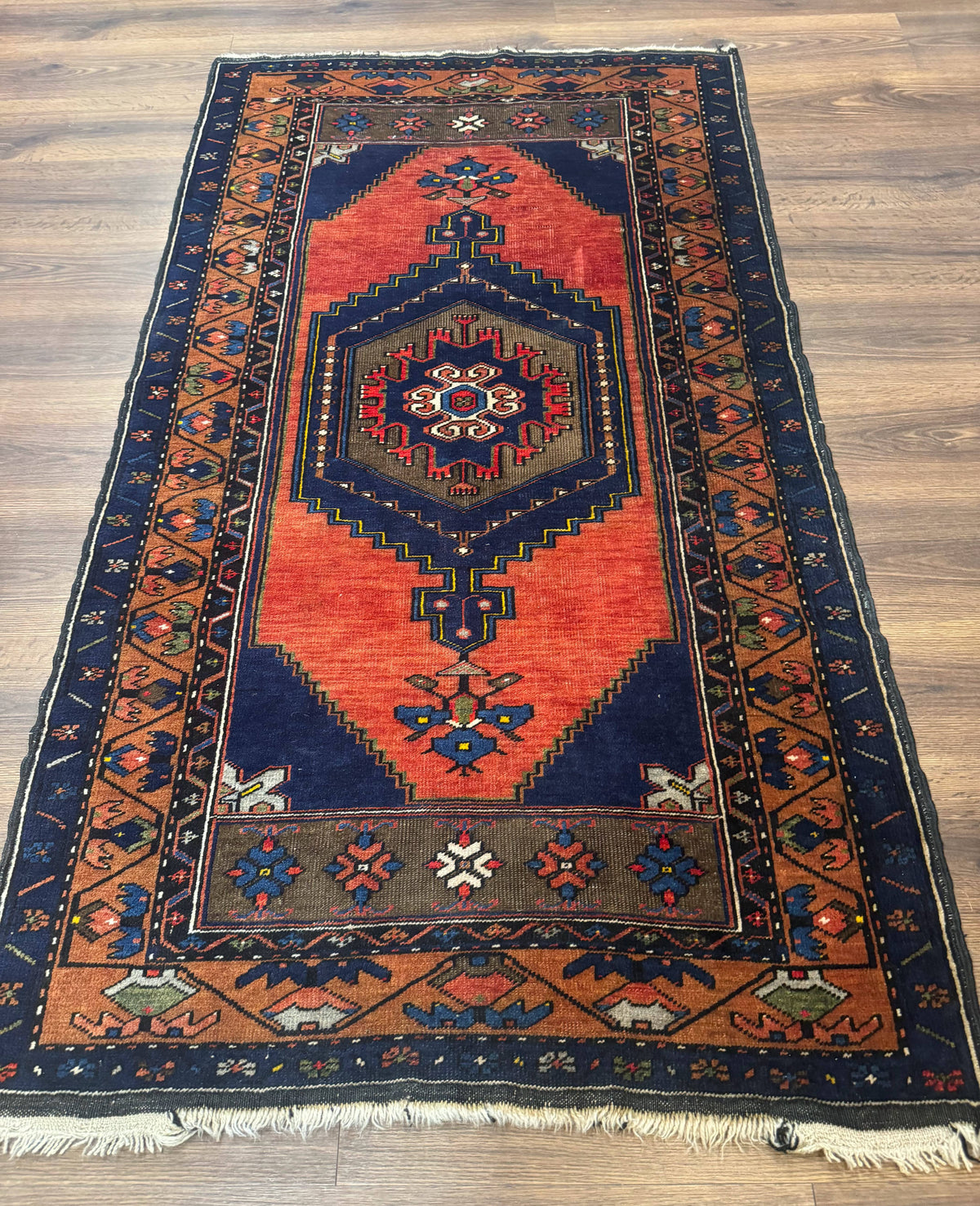 Persian Rug 3x6, Geometric Medallion, Village Tribal Rug, Terracotta and Navy Blue, Antique Nahavand Hamadan Rug - Jewel Rugs, view 2