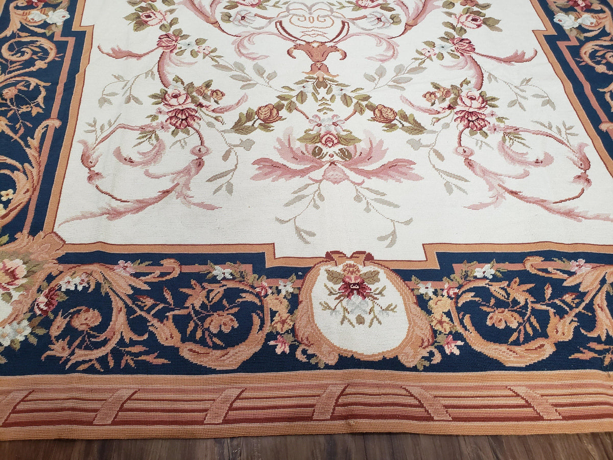 Chinese Aubusson Savonnerie Area Rug 6x8, Vintage Hand-Woven Needlepoint Rug, Flat Weave Handmade Wool Carpet Living Room Ivory & Navy Blue - Jewel Rugs, view 5