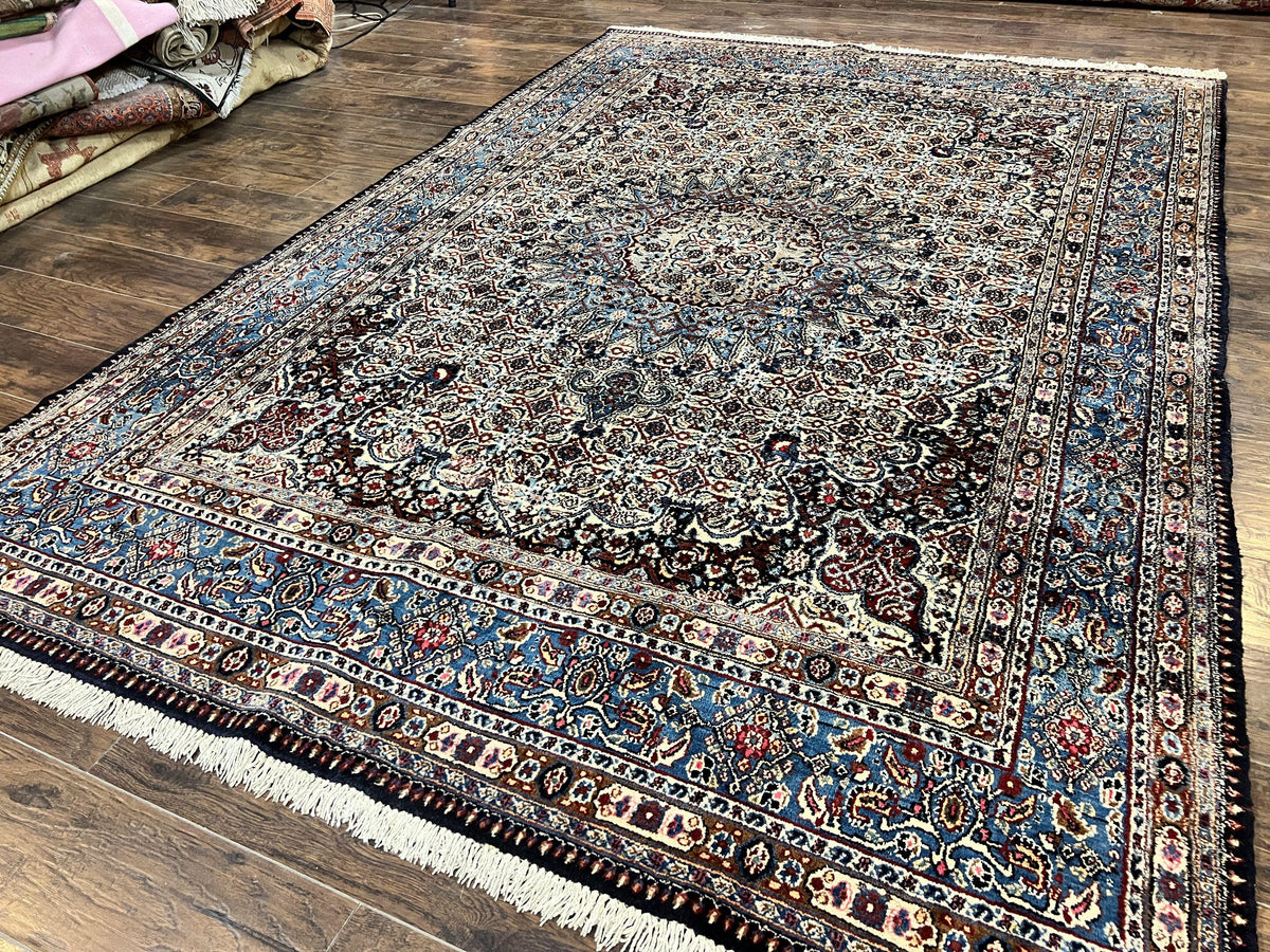 Persian Mashad Rug 7x10, Floral Medallion, Wool Hand Knotted Vintage Oriental Carpet, Blue & Ivory, Traditional Room Sized Rug - Jewel Rugs, view 2