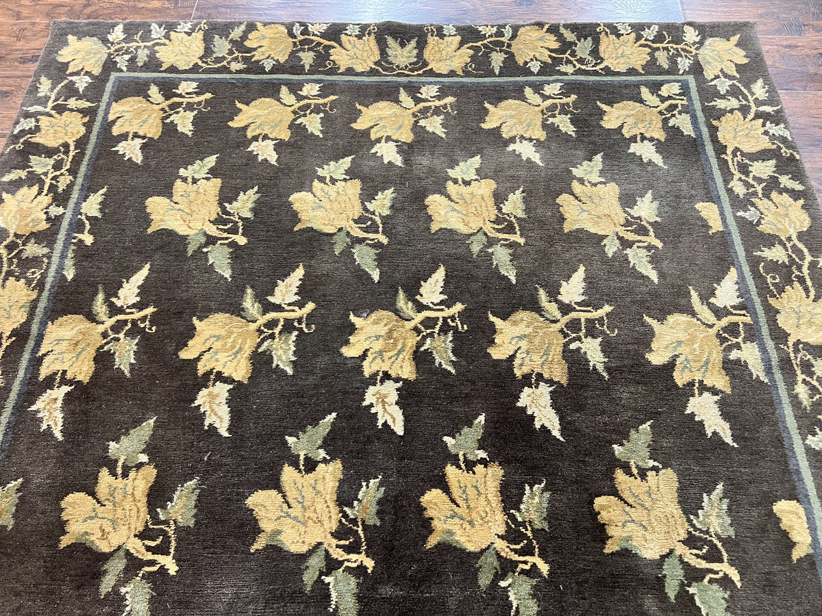 Tibetan Nepal Rug 6x9, Wool Hand Knotted Vintage Carpet 6 x 9, Dark Green & Golden Yellow, Floral Bouquets - Jewel Rugs, view 4