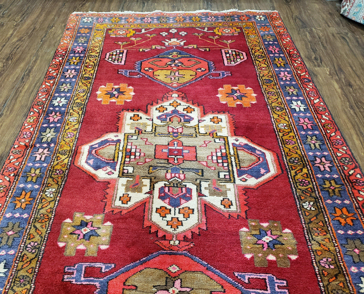 Antique Persian Karajeh Runner Rug 4.4 x 11 ft, Red Colorful Geometric Medallion Runner - Jewel Rugs, view 13