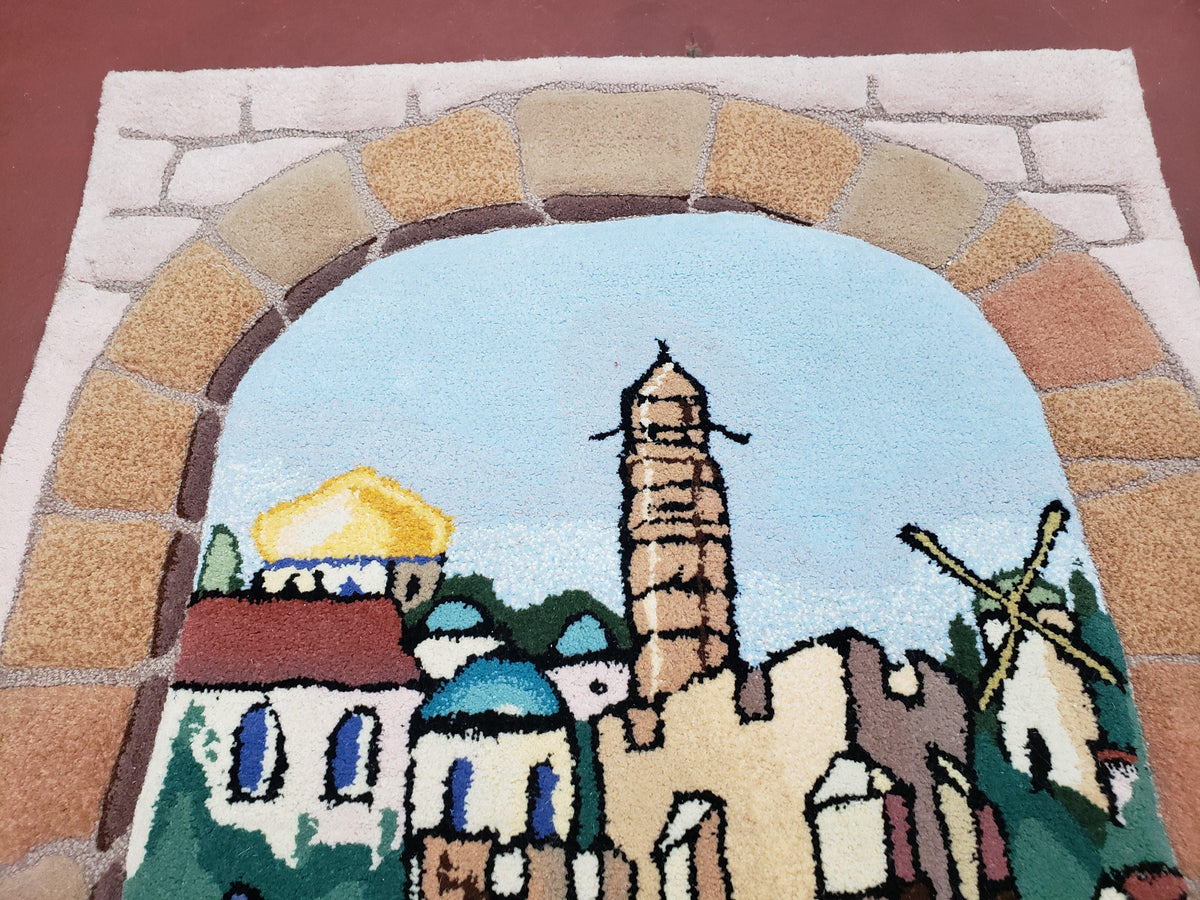 Small Judaica Rug, Rug with Jerusalem Pictorial, Chanuka Gift, Hand-Tufted, Jerusalem Gate, Vintage Judaica, Western Wall Rug, 3x4 Rug - Jewel Rugs, view 6