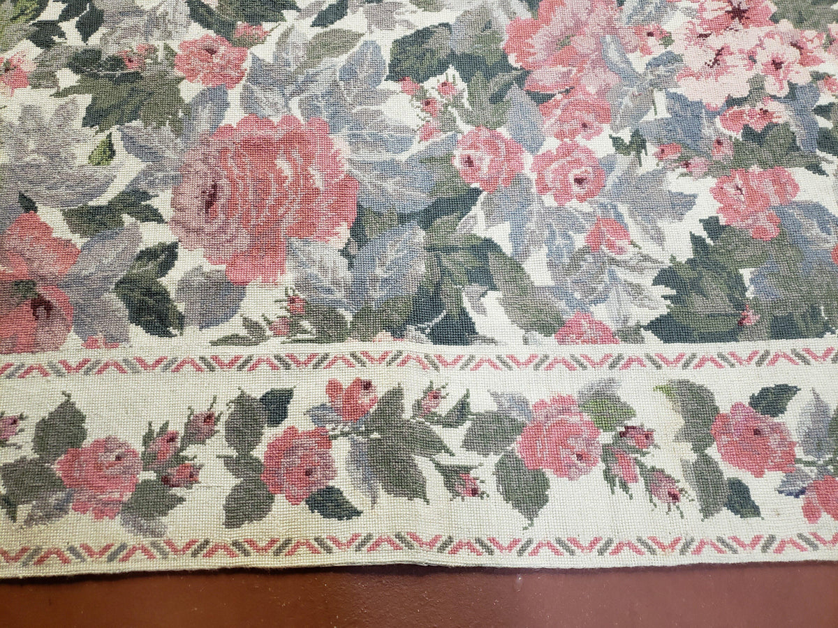 5x8 Needlepoint Rug 5' 4" x 8' 3" Wool Flat Weave Floral New Unused Carpet English Design Ivory Large Pink Flowers Green Leaves Hand-Knotted - Jewel Rugs, view 12