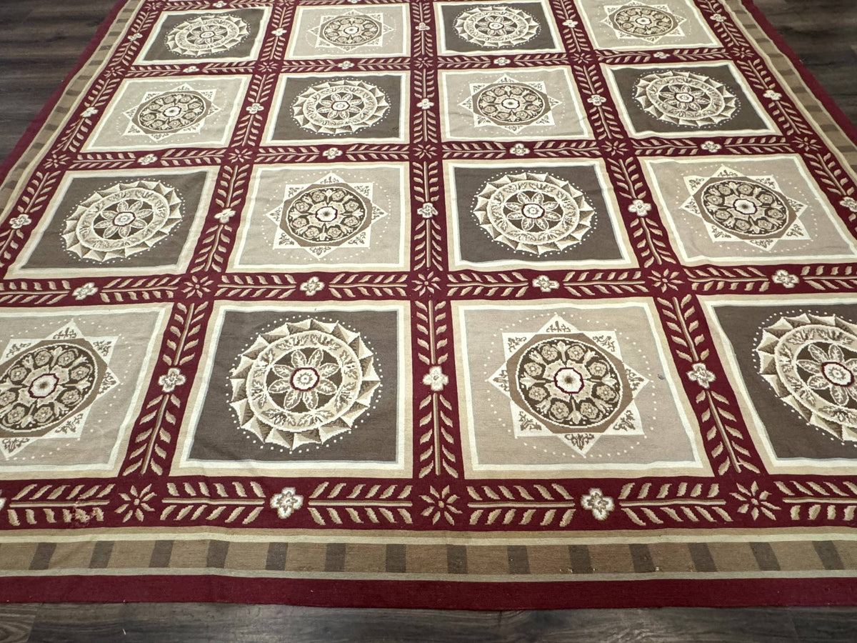 Needlepoint Rug 9x12, Panel Design, Burgundy Taupe, Elegant - Jewel Rugs, view 6