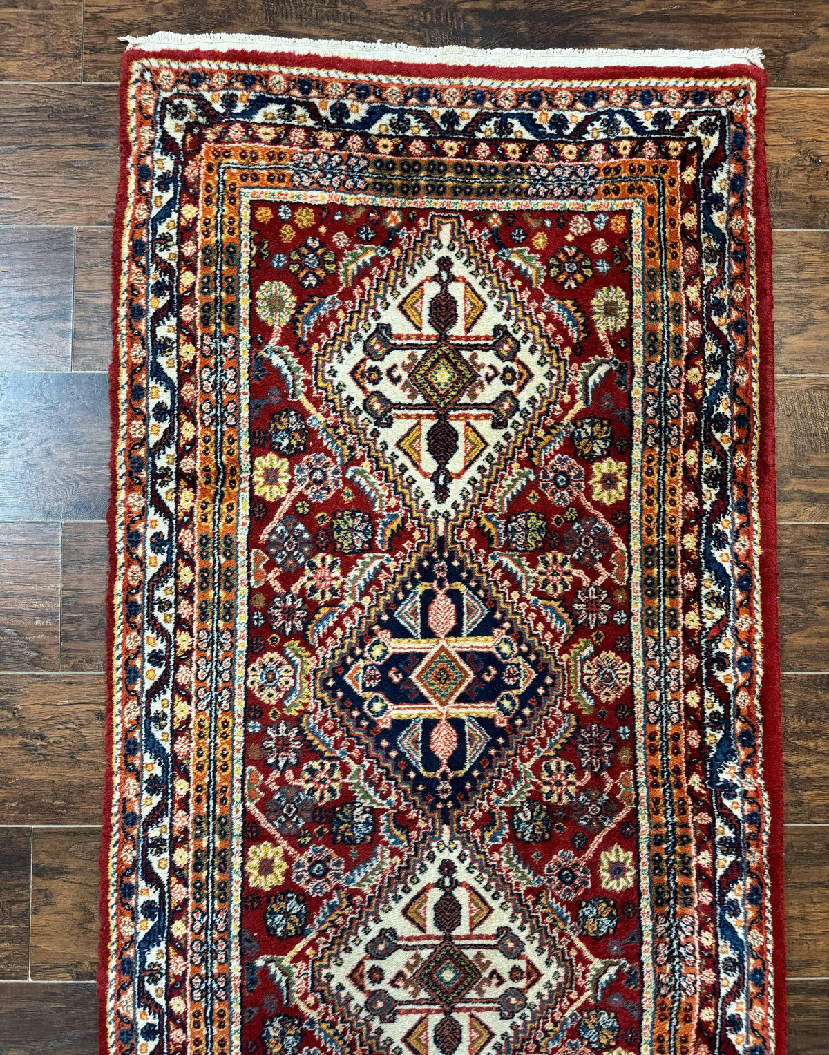Antique Persian Qashqai Runner Rug 3 x 13 ft, Tribal Runner, Geometric Medallions, Red Ivory Blue, Wool - Jewel Rugs, view 6
