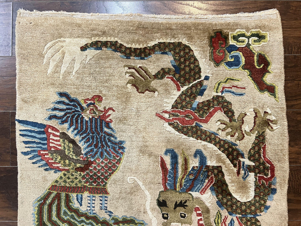 Antique Chinese Peking Rug 3 x 5.6, Dragon Motifs, Handmade Wool Asian Oriental Carpet - Jewel Rugs, view 4
