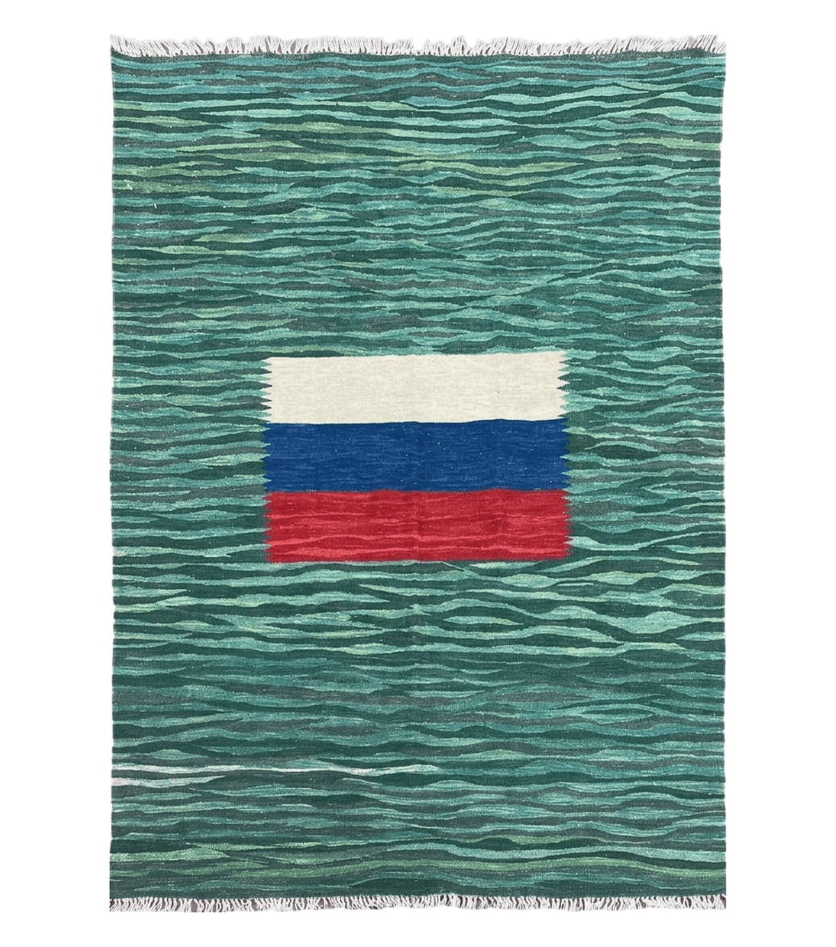 Sea Green Kilim Area Rug, White Blue Red Stripes, Russian Flag Rug, Flatweave Hand Knotted Carpet, Turkish Carpet, Wool, New, 5' 6" x 7' 10" - Jewel Rugs