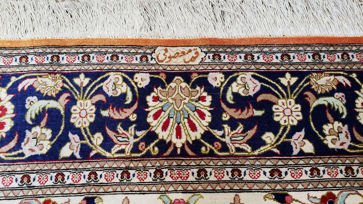 Vintage Persian Qum Silk Rug 4.6 x 6.7, Burnt Orange and Navy Blue, Antique Oriental Very Fine Signature Master Weaver 350+ KPSI Ghom Qom 5x7 Rug - Jewel Rugs, view 5