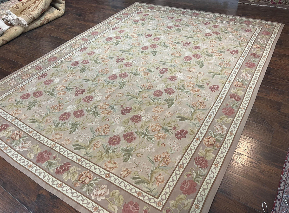 Aubusson Rug 9x12, Pink Beige Light Mauve, Handmade Allover Floral Roses, Wool Flatweave Carpet 9 x 12 ft, European French Design, Elegant - Jewel Rugs, view 3