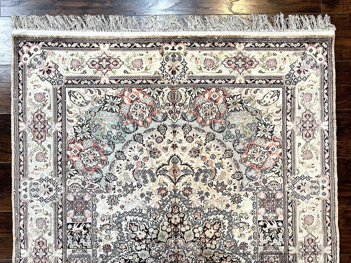 Silk Indian Kashmiri Rug 4x6, Handmade, Ivory, Fine 240 KPSI - Jewel Rugs, view 3