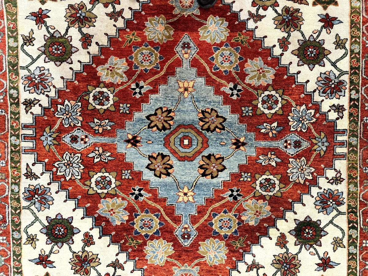 Indo Persian Heriz Rug 7x9, Geometric Pattern, Cream & Light Red, Handmade Vintage Wool Carpet - Jewel Rugs, view 5