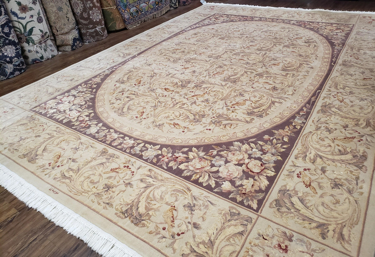 Chinese Aubusson Savonnerie Area Rug 8x12, Vintage 120 Line Carpet, Wool and Silk Hand-Knotted, Birds Flowers Master Weaver Signature - Jewel Rugs, view 3