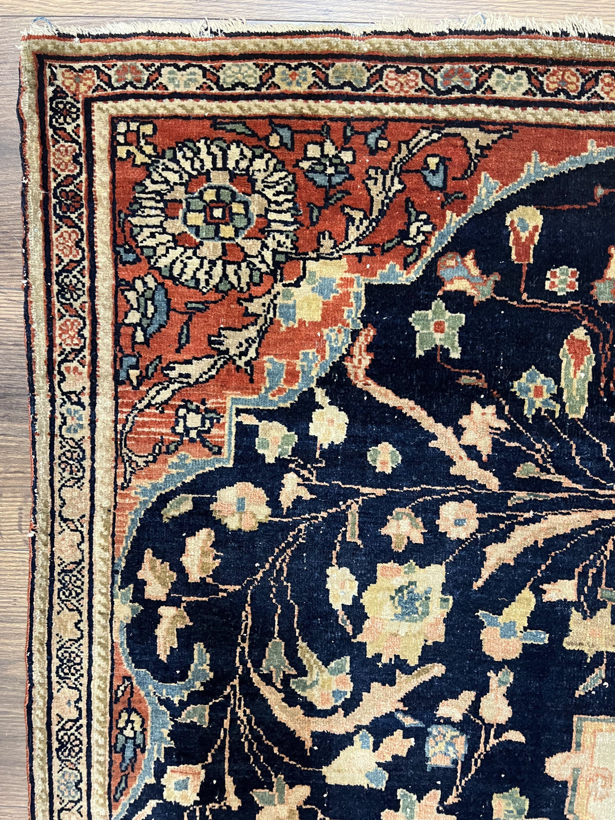 Antique Persian Rug 3.5 x 5, Sarouk Farahan Rug, High Quality 1920s Fine Oriental Carpet 3 x 5 ft, Large Medallion, Floral, Navy Blue Red, Hand Knotted Wool Rug - Jewel Rugs, view 6