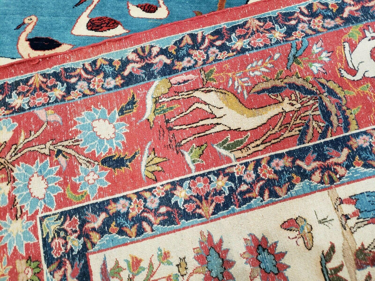 Antique Persian Isfahan Rug 5x7, Animal and Human Pictorials, Hand Knotted Fine Oriental Wool Carpet, Cream and Red, High KPSI, Vintage Rug 5 x 7 ft - Jewel Rugs, view 10
