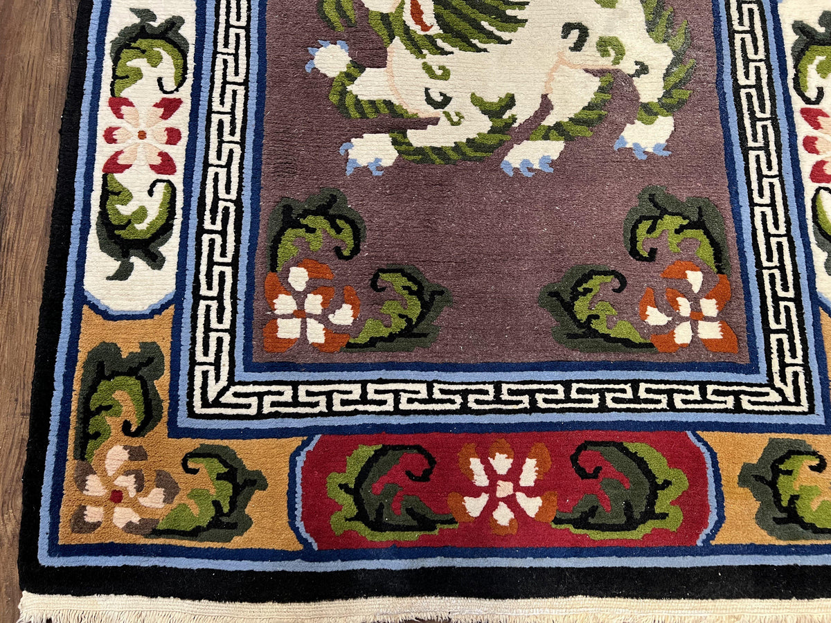 Chinese Art Deco Rug 3 x 5.5 with Animal Pictorials, Vintage Chinese Peking Wool Area Rug, Dark Puce Maroon Ivory, Hand Knotted Soft Carpet - Jewel Rugs, view 13