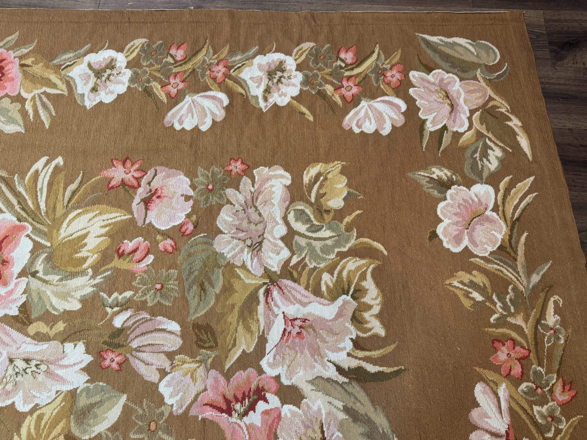 Large Needlepoint Rug 11x14, Vintage Floral Wool Carpet, Caramel - Jewel Rugs, view 7