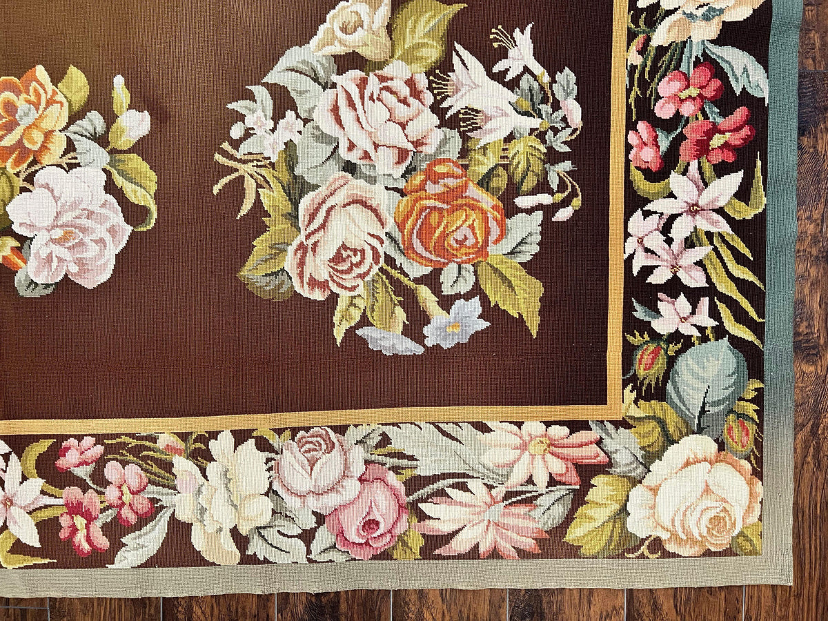 Vintage Needlepoint Rug 9x12, Large Handmade Hand-woven Needlepoint Carpet, Brown Area Rug, Floral Bouquets, Wool Rug, European Design - Jewel Rugs, view 10
