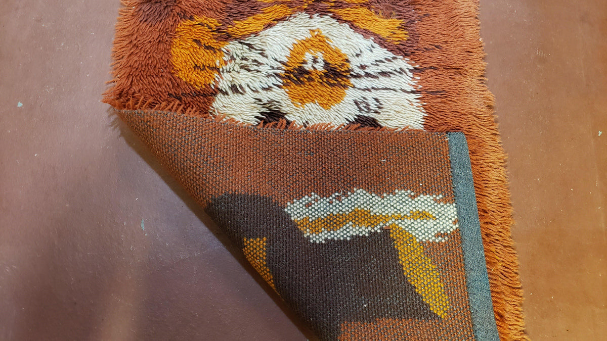 2x3 Rya Shag Rug Mid-Century Modern Danish Shag Rug 1960s Accent Rug Bunny Rabbit in Hat Dark Orange Small Shag Rug - Jewel Rugs, view 10
