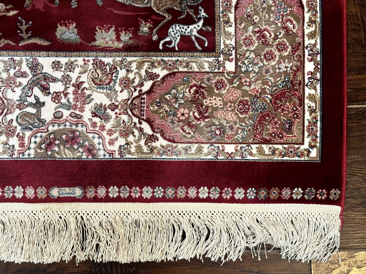 Dark Red Turkish Silk Rug 2.6 x 4, Hunting Design Scene, Bamboo Silk - Jewel Rugs, view 10