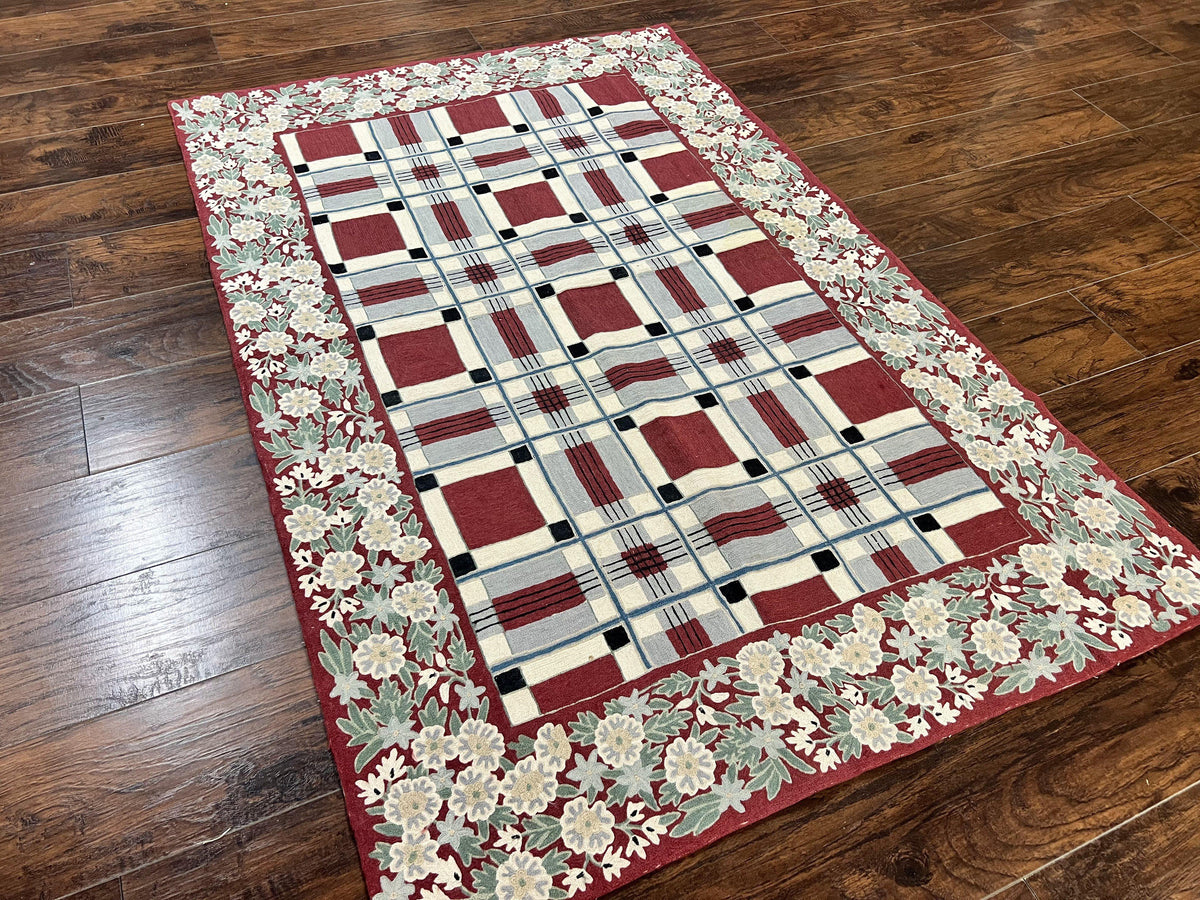 Indian Hand Stitched Rug 4x6, Vintage Carpet, Checkerboard Floral Pattern, Maroon Ivory, Flatweave, Wool - Jewel Rugs, view 13