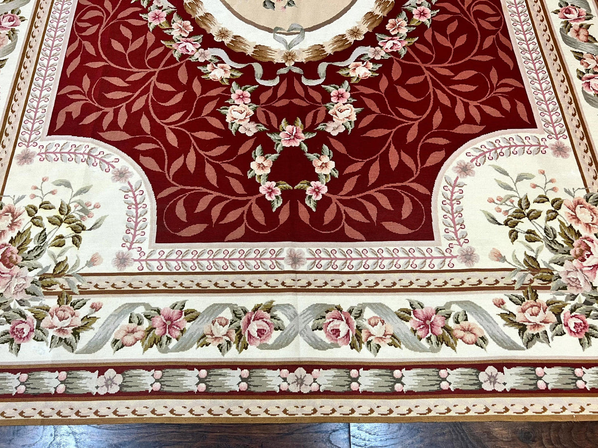 Wonderful Aubusson Rug 9x12, Handmade Vintage Needlepoint Carpet, Red and Ivory, Elegant European Design, Wool - Jewel Rugs, view 6