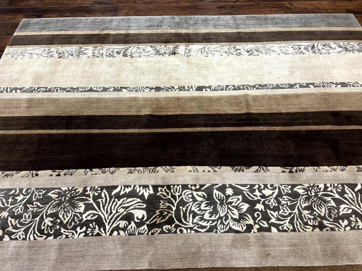 Modern Tibetan Nepali Rug 8x12, Stripe Pattern, Wool with Silk Highlights, Handmade, Beige Tan Brown - Jewel Rugs, view 5