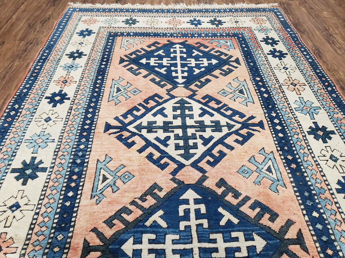 Turkish Kazak Rug 5x8 ft, Bold Geometric Bohemian Carpet, Blue and Ivory Hand Knotted Area Rug, Medium Sized High Quality Wool Oriental Rug - Jewel Rugs, view 13