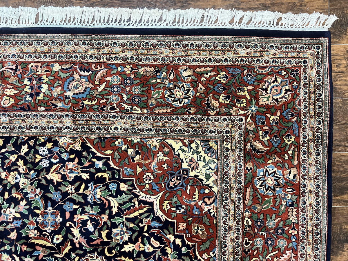 Indo Persian Rug 8x10, Floral Medallion, Vintage Handmade Wool Carpet, Navy Blue and Red, Fine 300 KPSI - Jewel Rugs, view 8