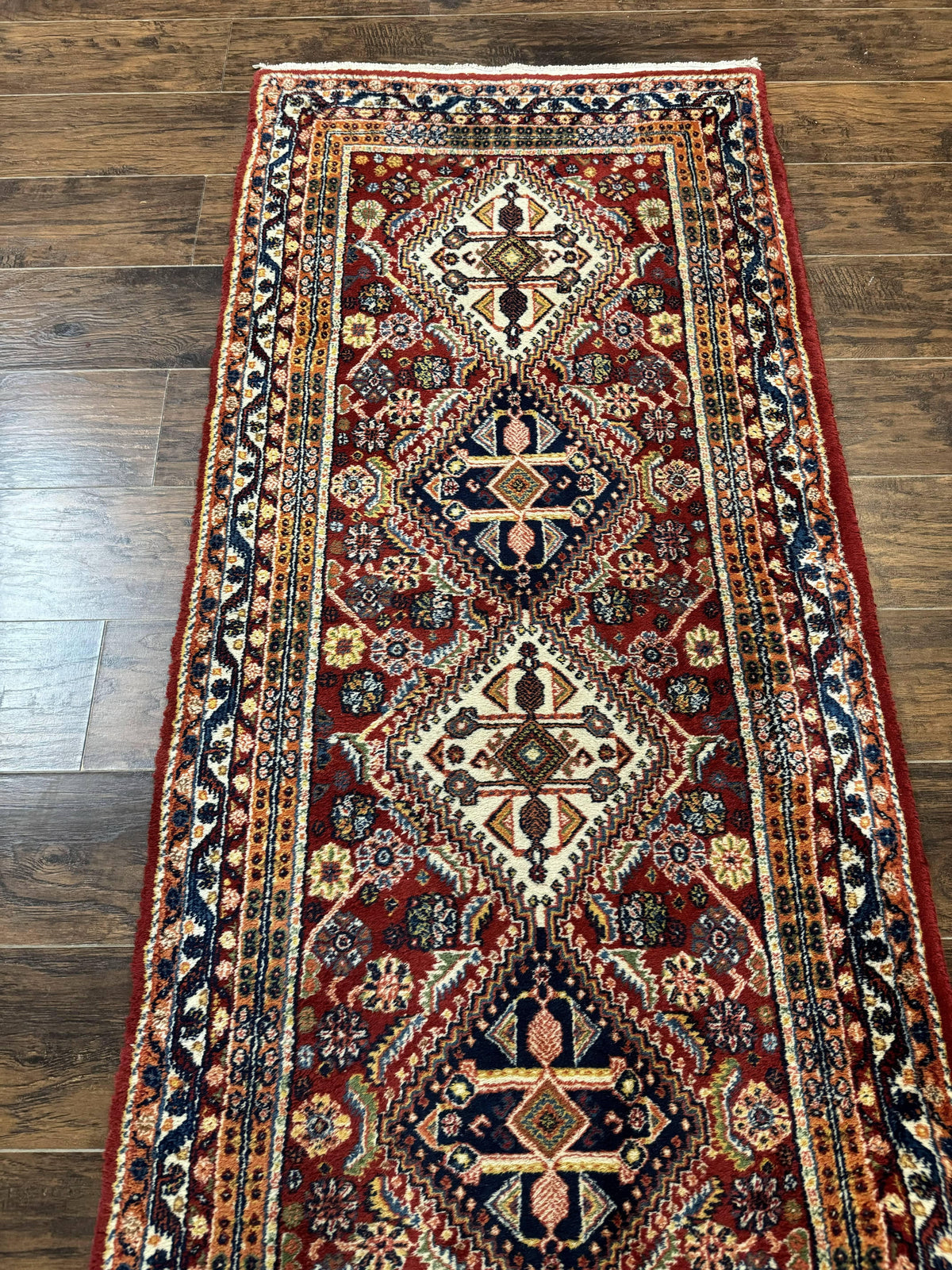 Antique Persian Qashqai Runner Rug 3 x 13 ft, Tribal Runner, Geometric Medallions, Red Ivory Blue, Wool - Jewel Rugs, view 7