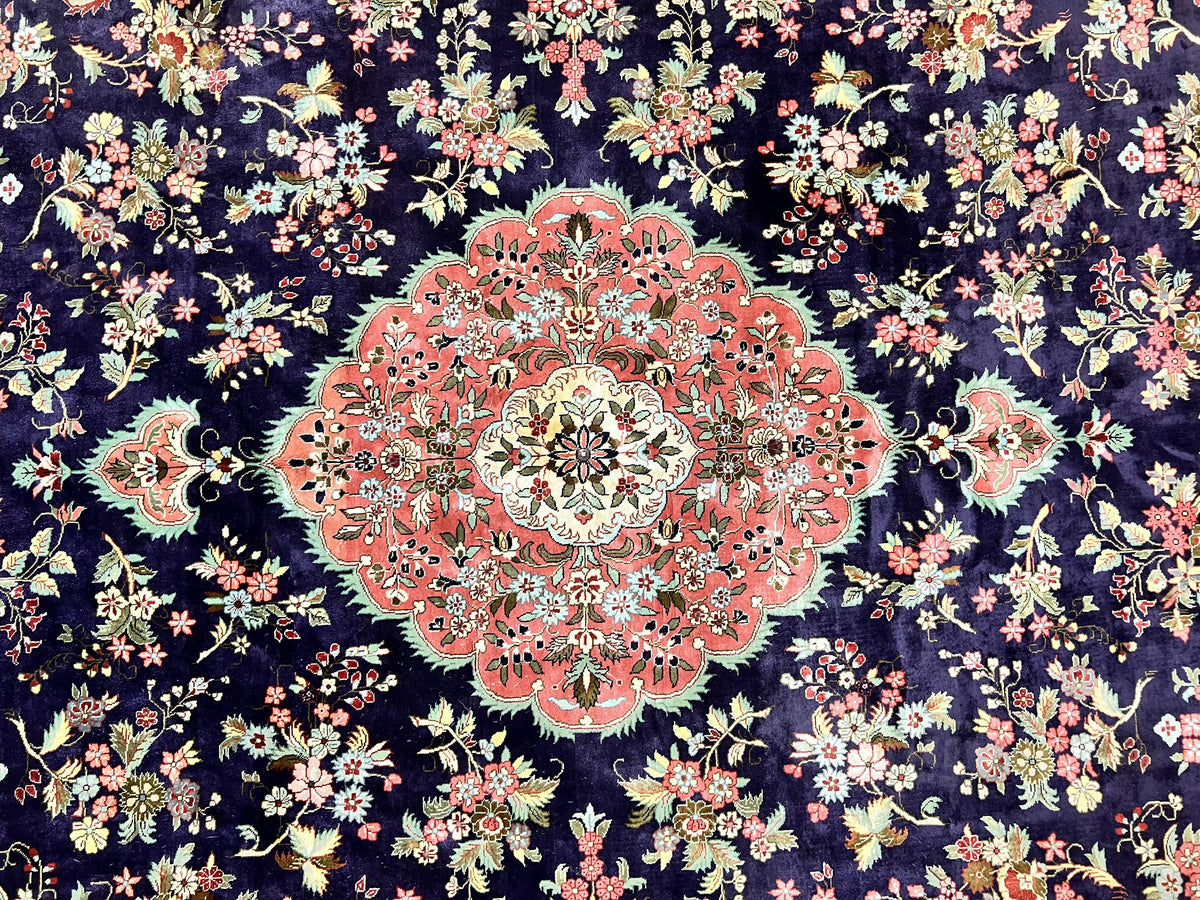 Stunning Silk Persian Qum Rug 7x9, Finely Hand Knotted Navy Blue & Salmon Floral Medallion Authentic Oriental Carpet, Vintage Handmade Silk Ghom Rug, Silk on Silk - Jewel Rugs, view 4