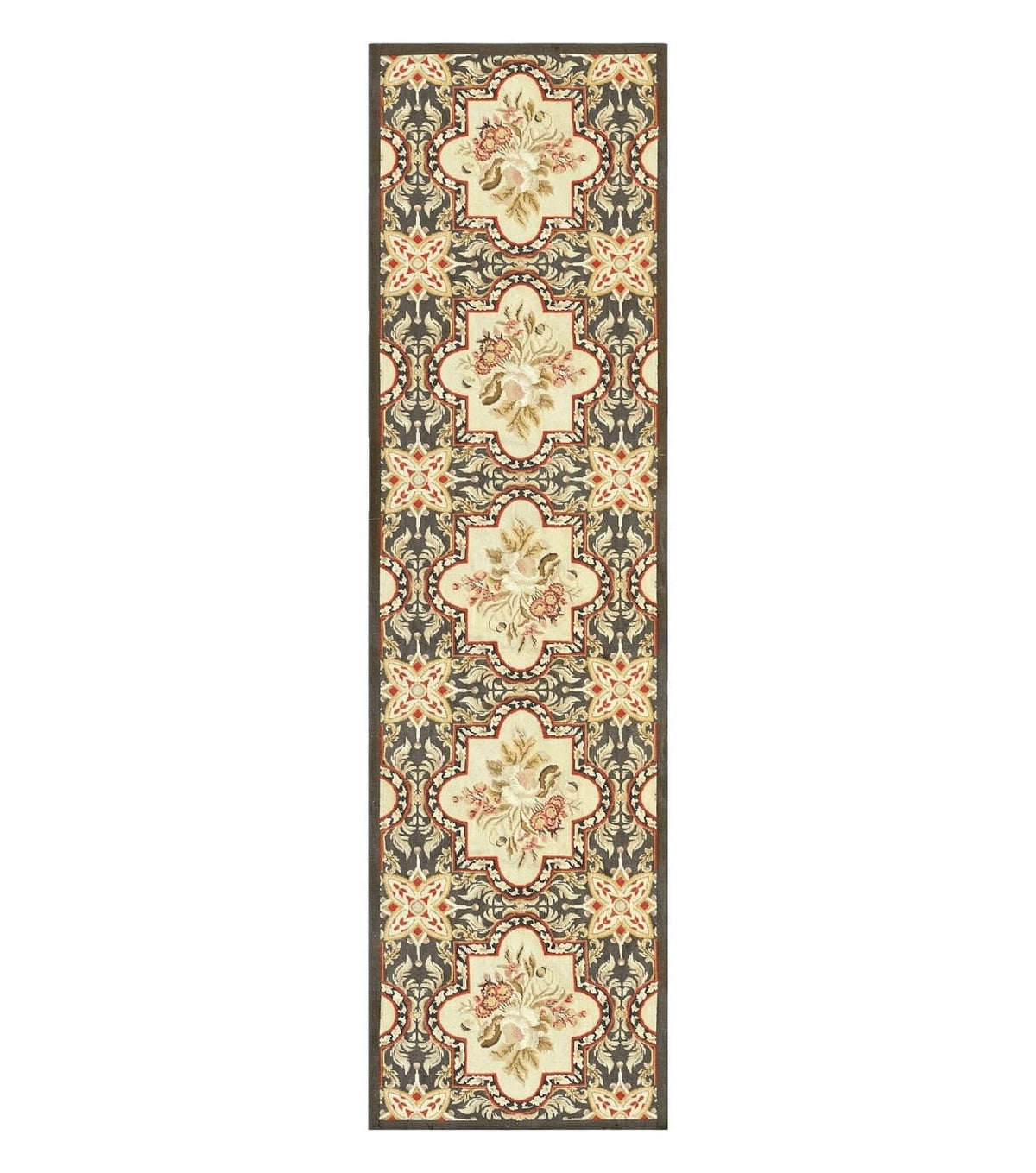 Needlepoint Runner Rug 2.8 x 9.8, Brown and Beige, Handwoven Handmade Floral French European Design, Vintage Flatweave 10ft Wool Runner Rug - Jewel Rugs
