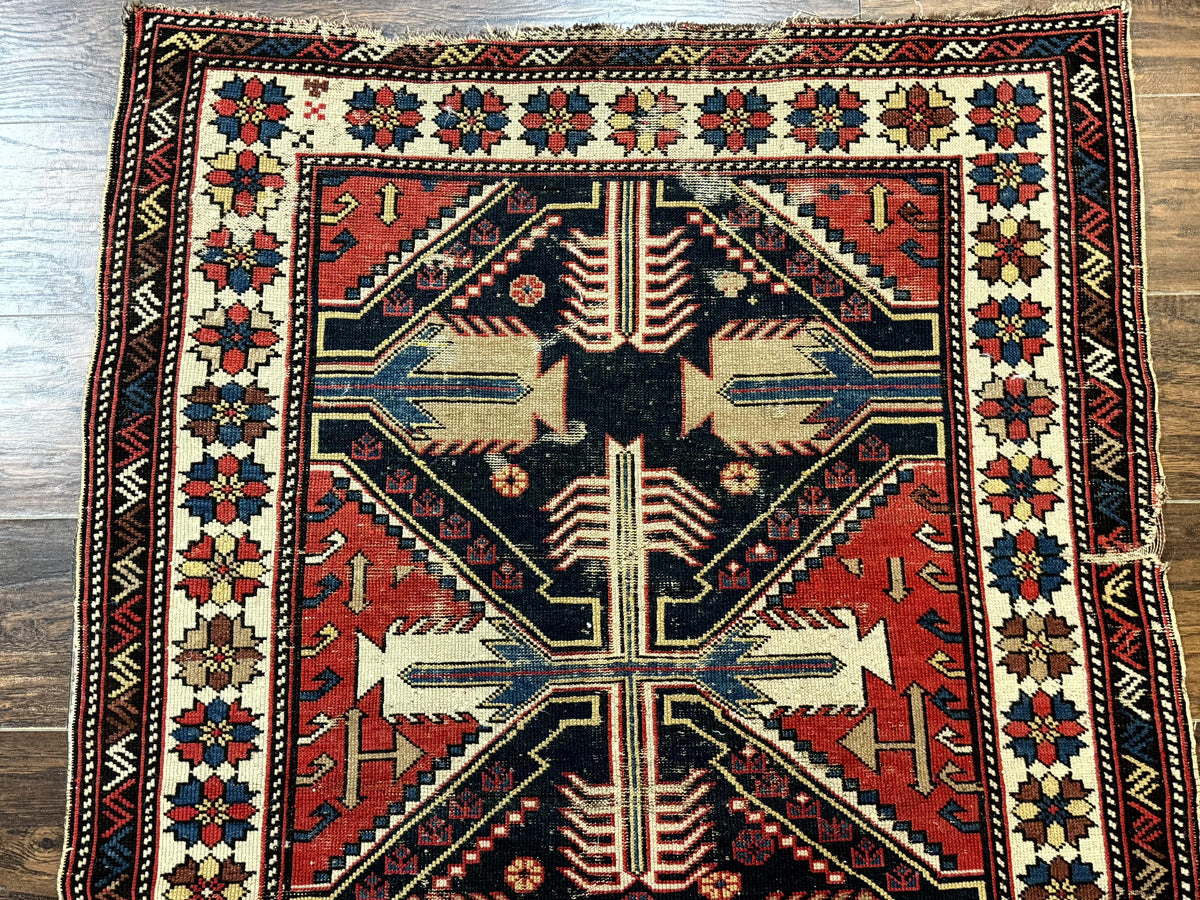 Antique Shirvan Caucasian Rug 3x5, Geometric Pattern, Red Navy Blue Beige - Jewel Rugs, view 4