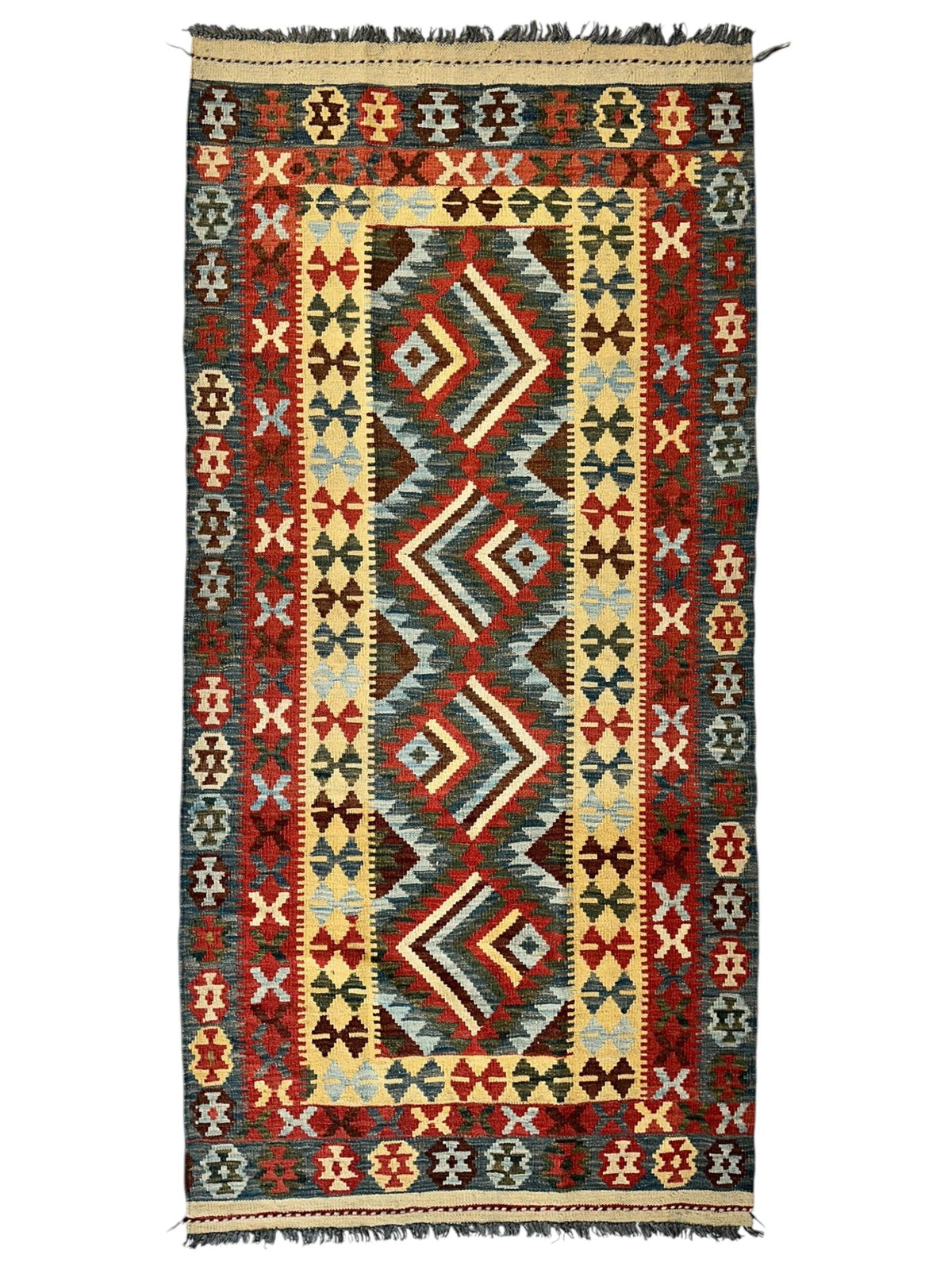 Afghan Maimana Kilim Rug 3x7 | Red, Gray & Beige | Hand-Woven Wool Flatweave - Rugistan