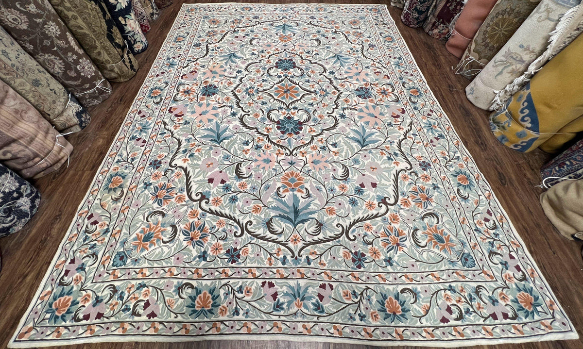Chain Stitched Rug 9x12 Vintage Carpet 9 x 12 Flatweave Rug, Ivory Teal Rug, Area Rug 9 by 12, Hand Stitched Rug, Medallion, Indian Rug - Jewel Rugs, view 2