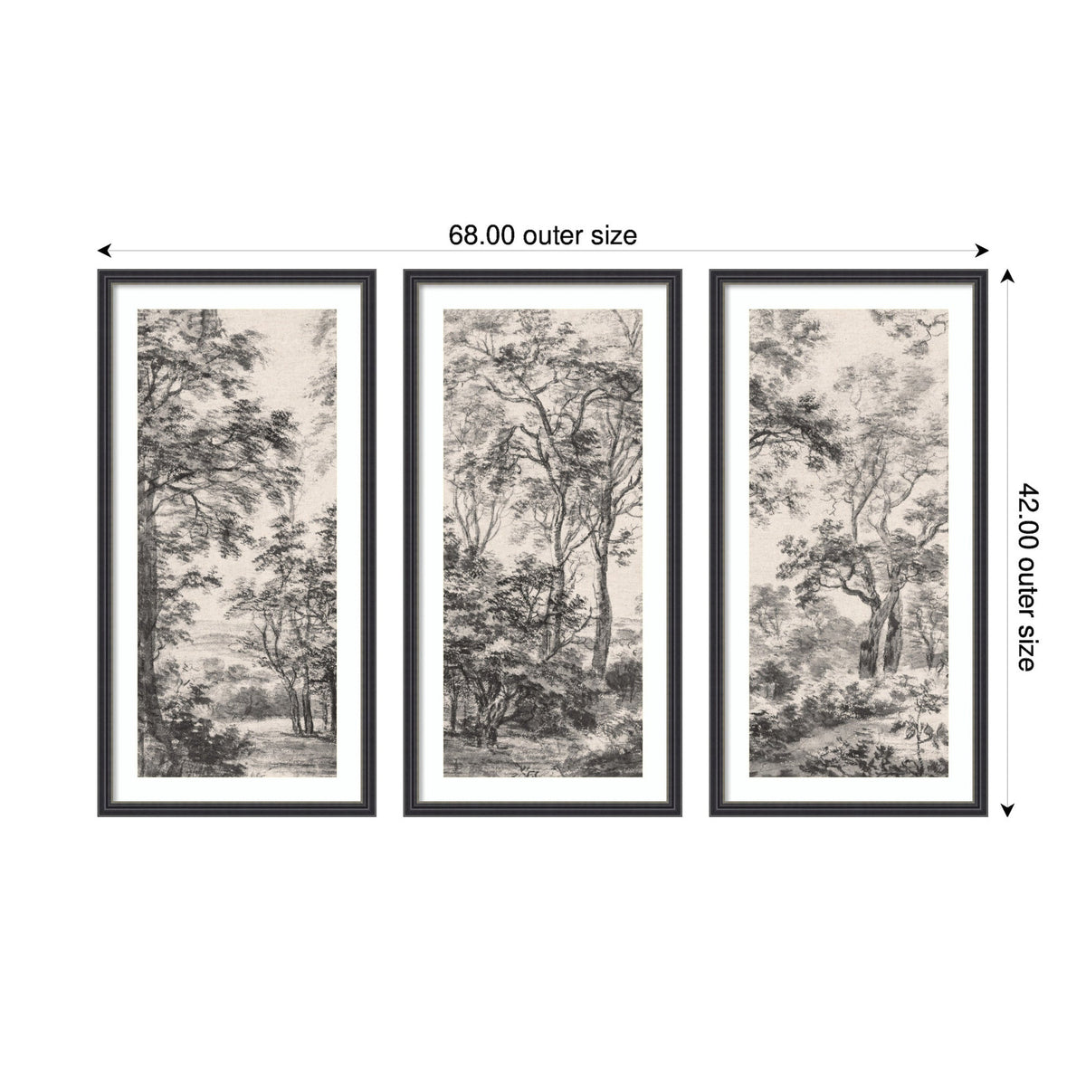 Wooded Landscape after 1648 Antonie Waterloo Linen Panel 3 Piece Framed Wall Art Print Set by Nostalgia Prints
